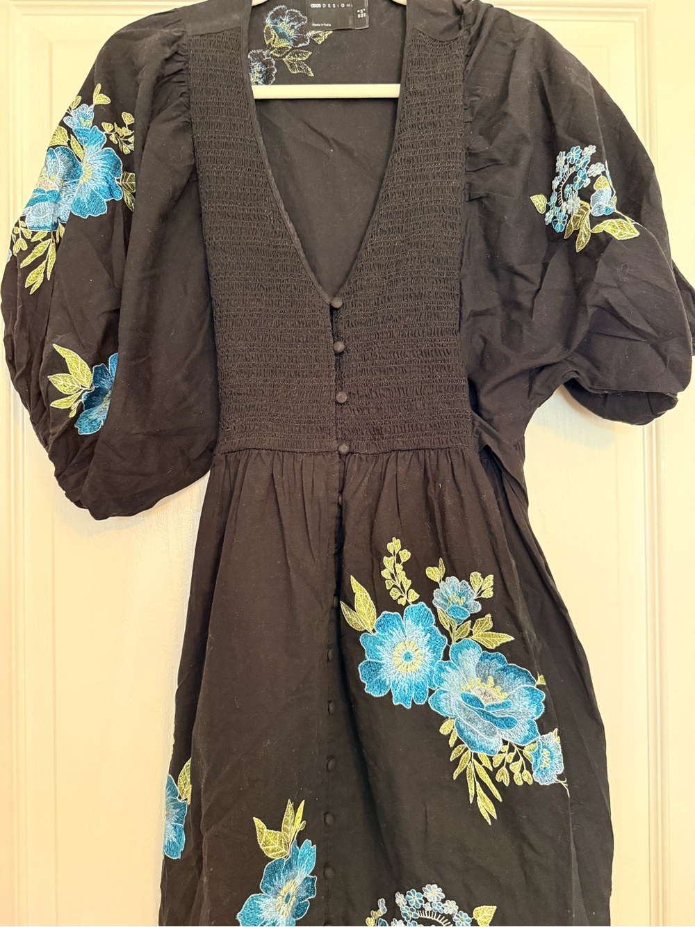 ASOS Black Midi Dress with Blue Floral Embroidery